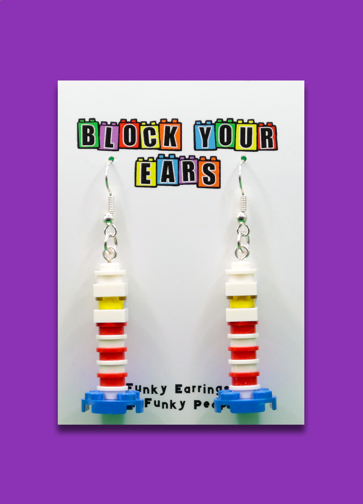 Smooth Sailing - Block Your Ears - Lighthouse- Red-White-Yellow-Blue-LEGO Earrings-Dangles