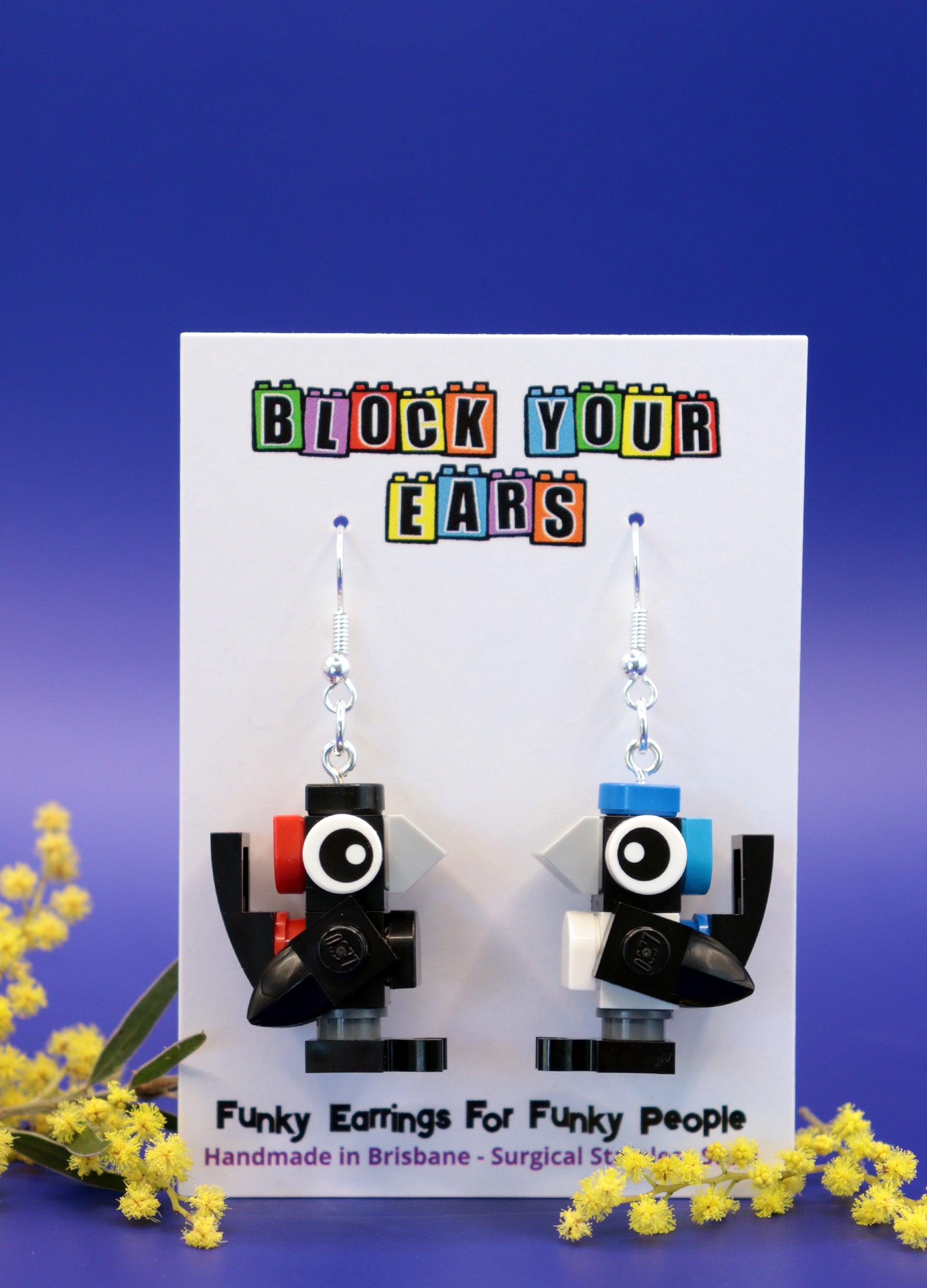 Mismatched Fairy Wren Earrings | Lego Bird Earrings | Block Your Ears